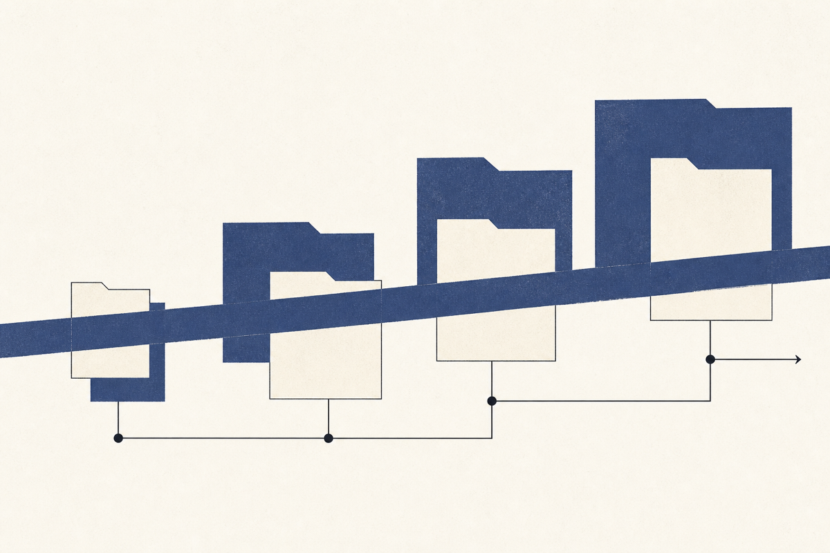 Evidence folders ascending along a chronological line — representment readiness