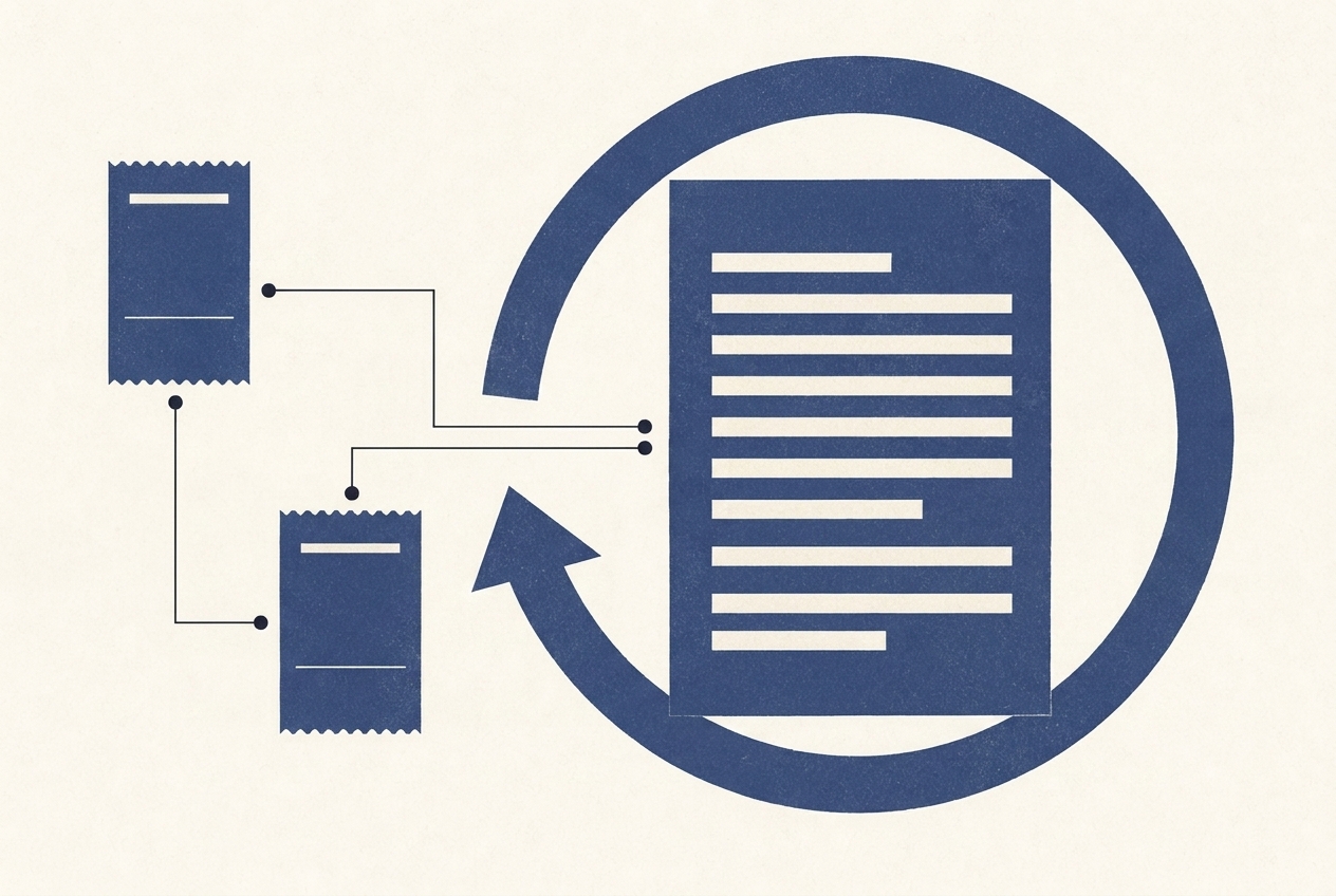 A document page with a circular return arrow — refund policy template