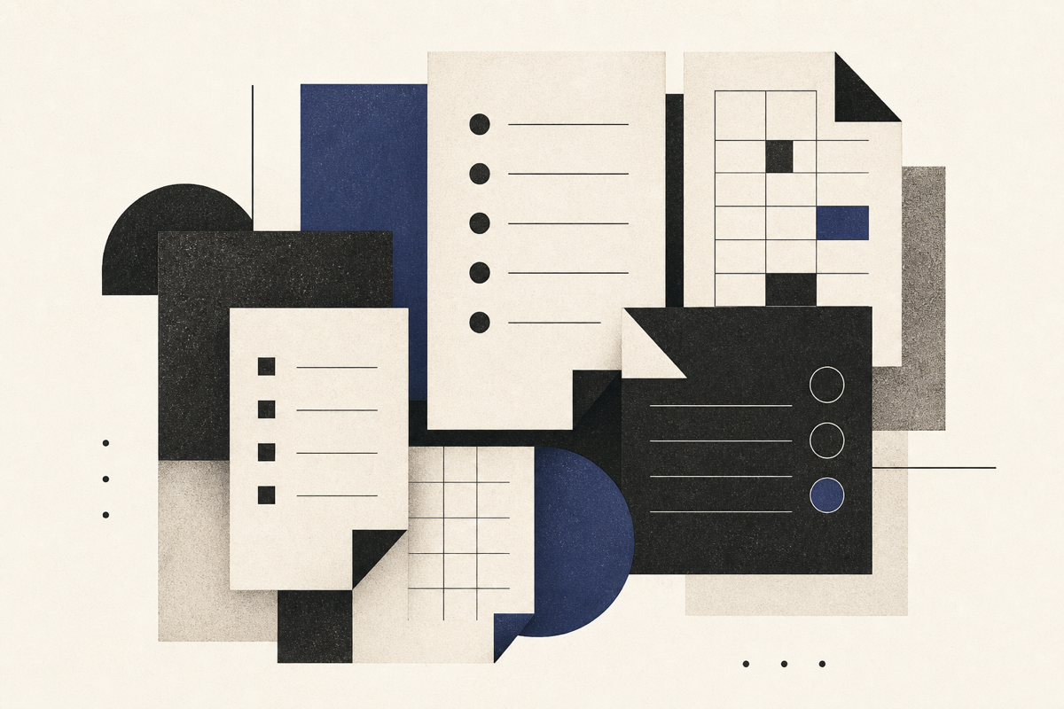 Layered document composition — Stripe website checklist sections as overlapping editorial panels